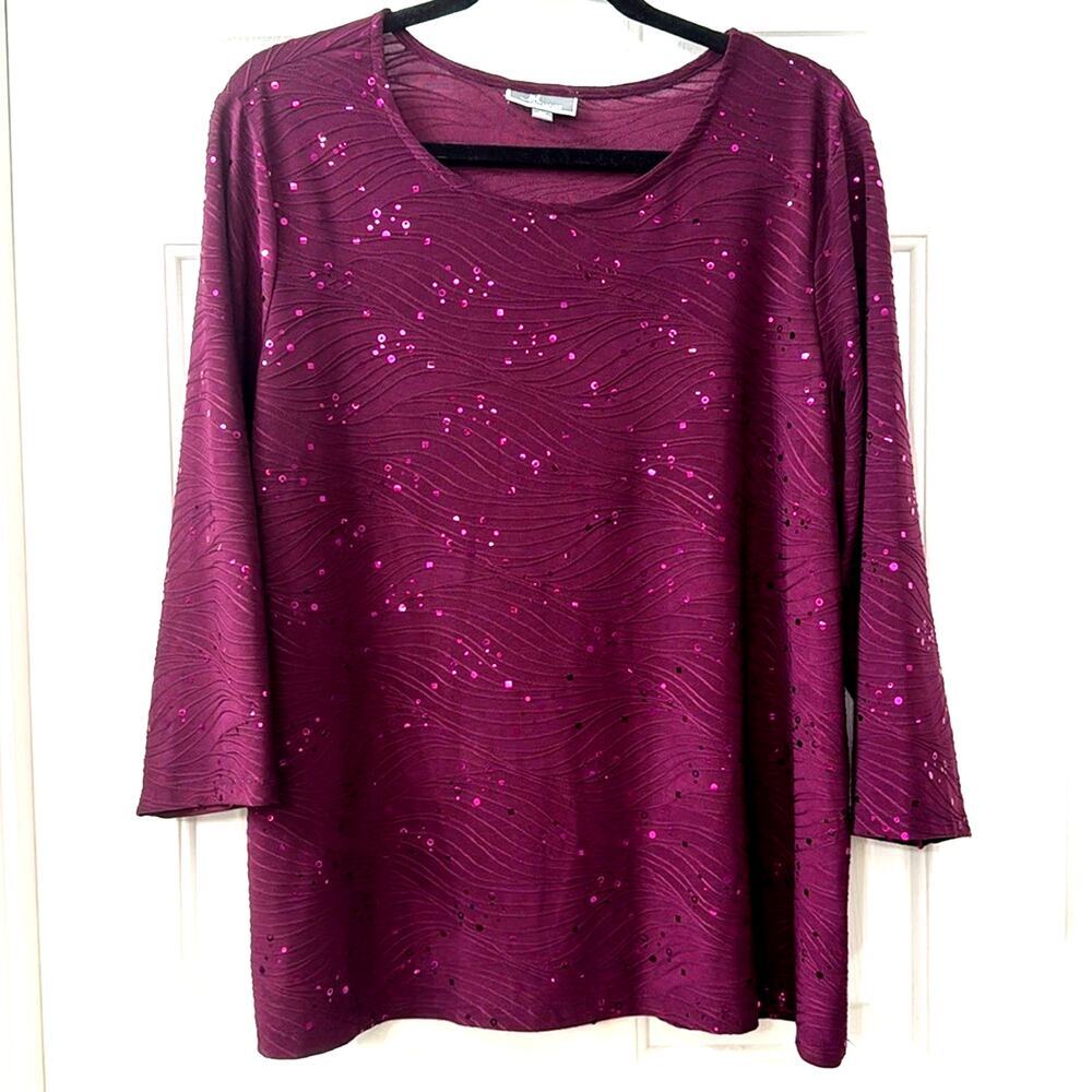 JM Collection Plum Sequin Wave-Texture Knit Top